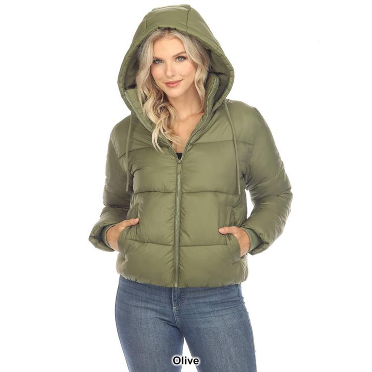 Womens White Mark Zip Hooded Bomber Puffer Jacket
