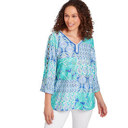 Womens Ruby Rd. Bali Blue 3/4 Sleeve Knit Patchwork Eyelet Top