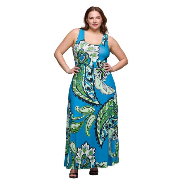 Plus Size 24/7 Comfort Apparel Blue Paisley Sleeveless Maxi Dress