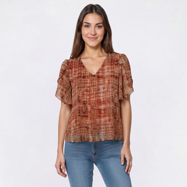 Womens Kasper Tulip Sleeve V-Neck Waved Abstract Blouse - image 