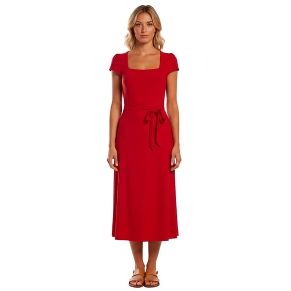 Womens Nina Leonard Cap Sleeve Square Neck Midi Dress