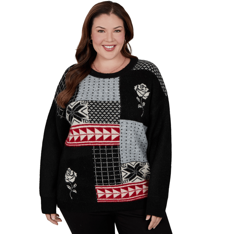 Plus Size Hearts of Palm Wrapped in Rubies Geometric Rose Sweater