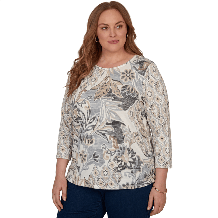 Plus Size Alfred Dunner Classics 3/4 Sleeve Geo Leaf Blouse