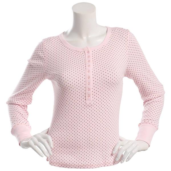 Juniors Pink Rose Polka Dot Rib Long Sleeve Button Up Henley Top - image 