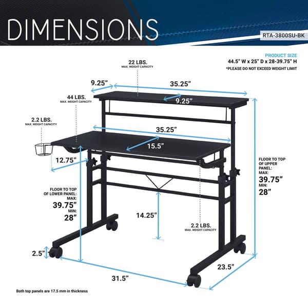 Techni Mobili Rolling Writing Desk w/ Height Adjustable Desktop