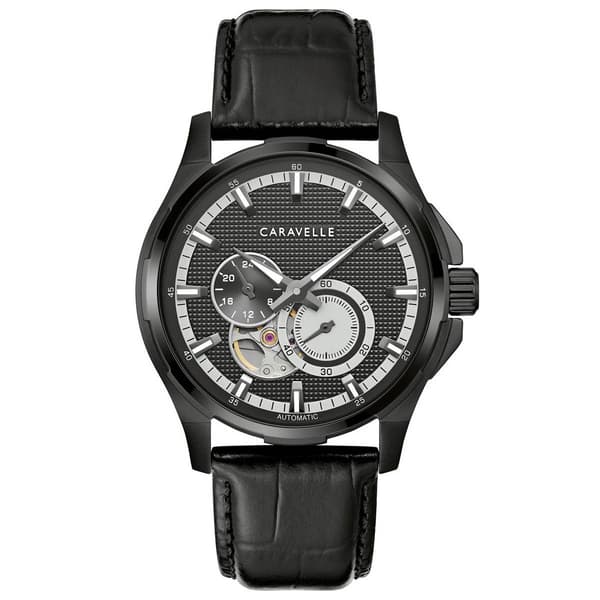 Mens Caravelle Skeleton Dial Leather Strap Watch - 45A153