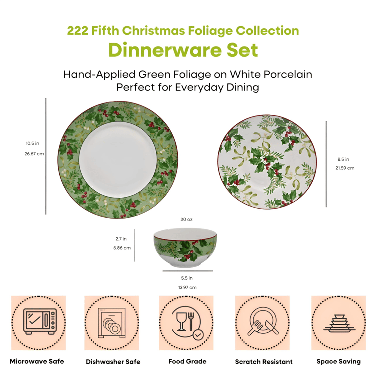 222 Fifth Christmas Foliage 12pc. Porcelain Dinnerware Set