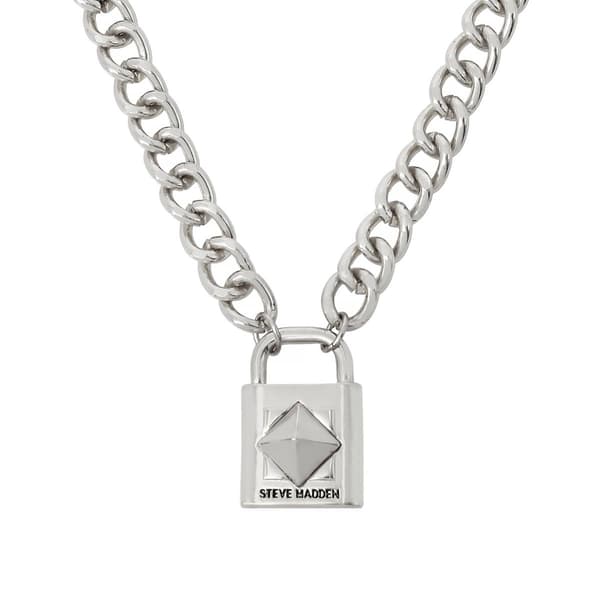 Steve Madden Silver Link Chain Necklace w/ Padlock Pendant