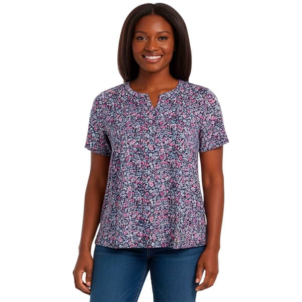 Plus Size Napa Valley Short Sleeve Pleat Floral Henley Blouse - image 