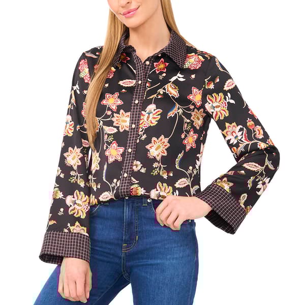 Womens Cece Long Bell Sleeve Floral Paisley Button Down Blouse