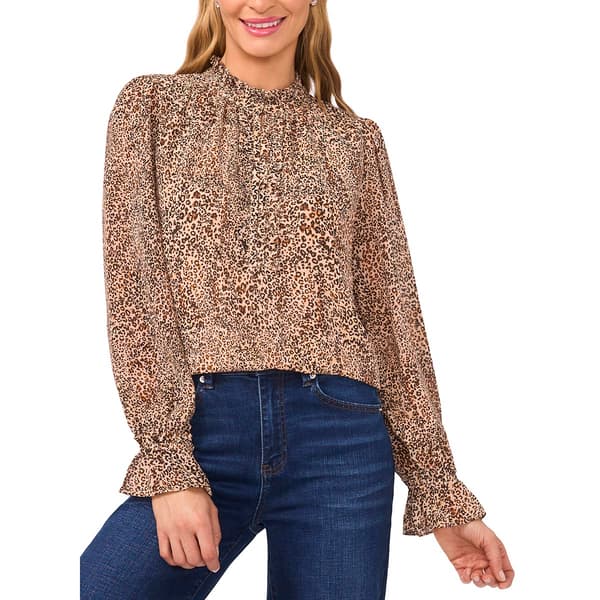 Womens Cece Long Sleeve Ruffle Neck Leopard Blouse