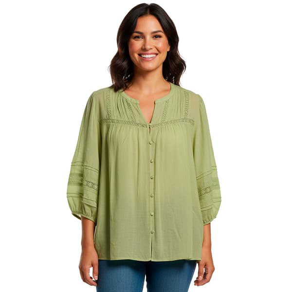 Plus Size Zac & Rachel 3/4 Sleeve Split Neck Button Front Blouse
