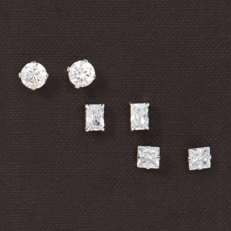 Set of 3 Sterling Silver & Multi Shape CZ Stones Earrings