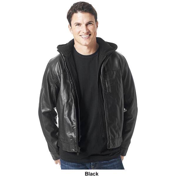 Mens Guess Faux Leather Jacket with Fleece Hood