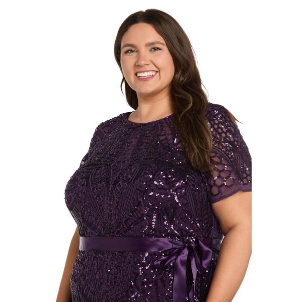 Plus R&M Richards Short Sleeve Lace Sequin Belted Evening Gown