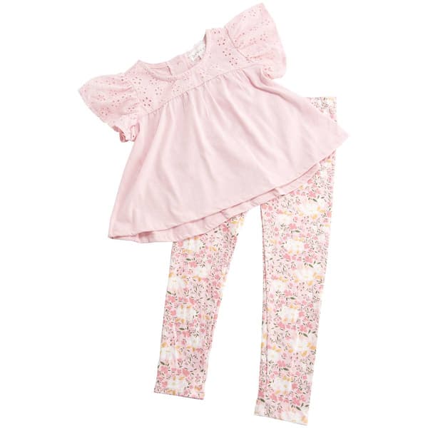 Girls &#40;4-6x&#41; BTween&#40;R&#41; Eyelet Flare Top & Gold Floral Leggings Set - image 