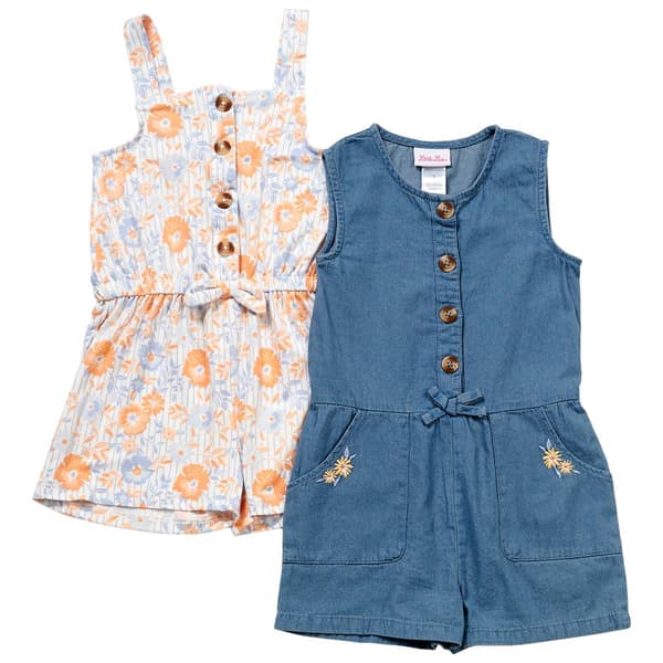 Girls &#40;4-6x&#41; Little Lass&#40;R&#41; 2pk. Denim & Floral Button Down Rompers - image 