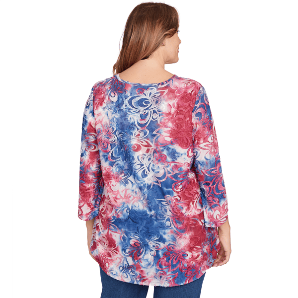 Plus Size Ruby Rd. Indigo Go Tie Dye Floral Keyhole Neck Blouse