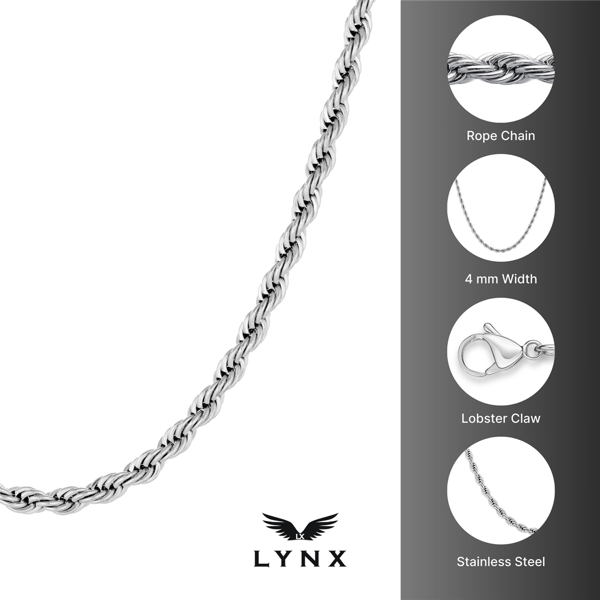 Mens Lynx Stainless Steel 4mm Rope Chain Necklace