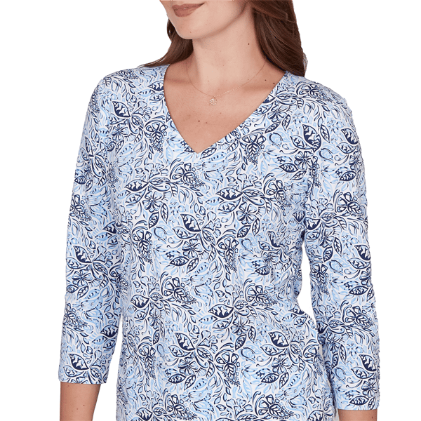 Petite Hearts of Palm Printed Essentials V Neck Floral Blouse