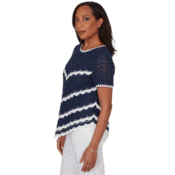 Womens Alfred Dunner Port Side Scallop Chevron Crochet Sweater