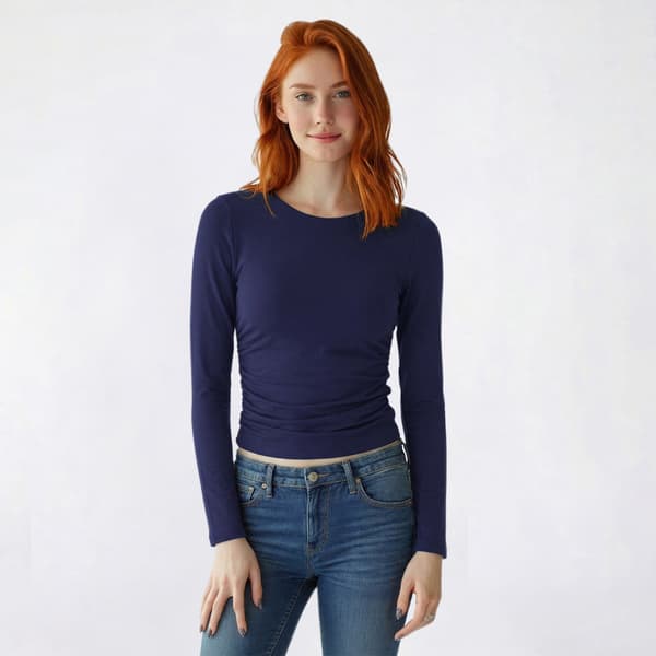 Juniors Pink Rose Long Sleeve Double Layer Ruched Tee - image 