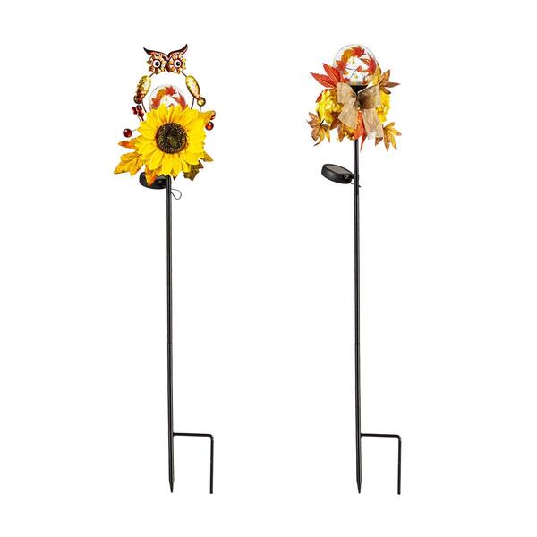 Evergreen Solar Fall Flowers and Owl Garden Stake - image 