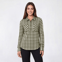 Petite Emily Daniels Long Sleeve Plaid Pocket Zip Neck Blouse