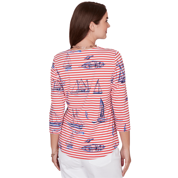 Womens Ruby Rd. Must Haves II 3/4 Sleeve Stripe Sailboat Tee