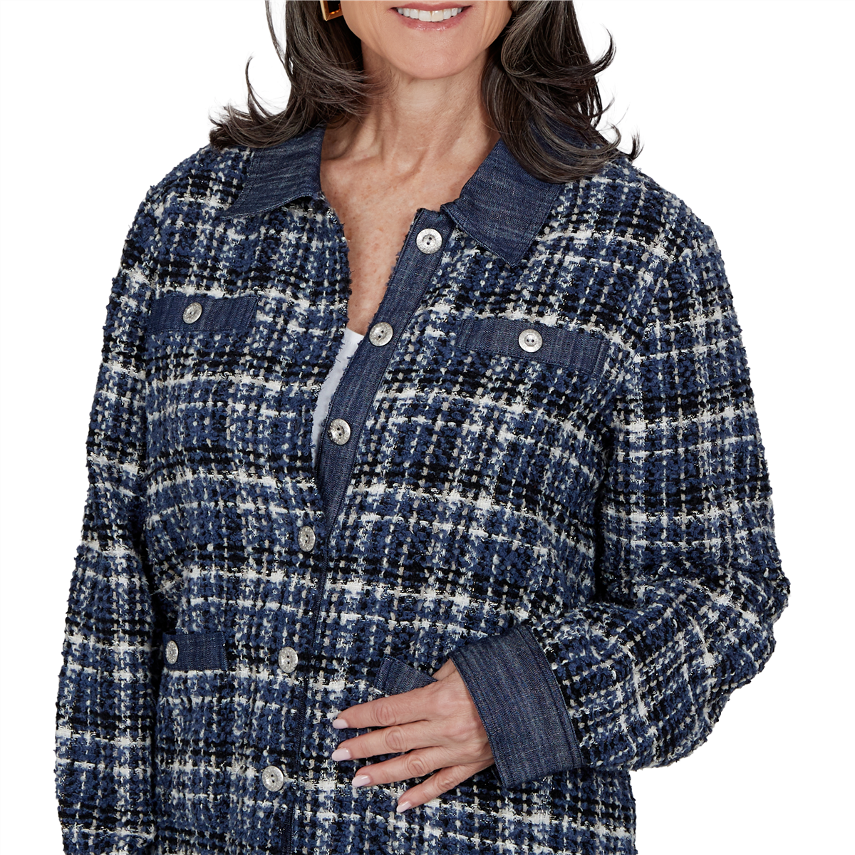 Petite Alfred Dunner Tuscany Denim Trim Plaid Eyelash Jacket