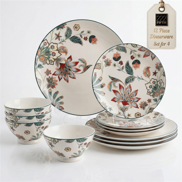 222 Fifth Perse 12pc. Porcelain Dishes White Plates & Bowls Sets - image 
