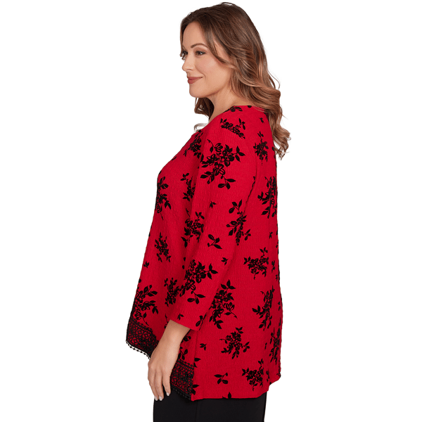 Plus Size Ruby Rd. Red Allure 3/4 Sleeve Lace Trim Floral Blouse - Boscov's