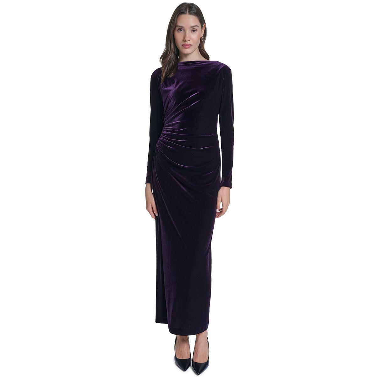 Womens Calvin Klein Long Sleeve Ruched Side Velvet Maxi