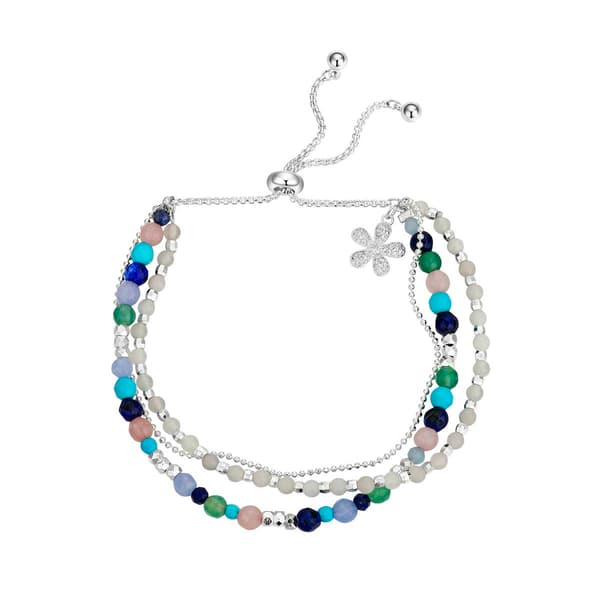 Shine Fine Silver Plated Flower Bead Triple Strand Bolo Bracelet - image 