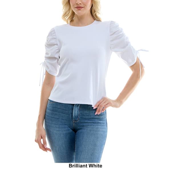 Womens Nicole Miller Solid Shirred Sleeve Cherie Rib Blouse