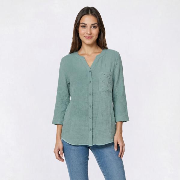 Petite Napa Valley 3/4 Sleeve Button Front Gauze Blouse - image 