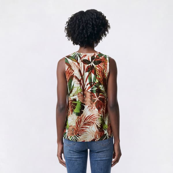 Womens Kasper Sleeveless Pleat Neck Tropical Leaf Blouse