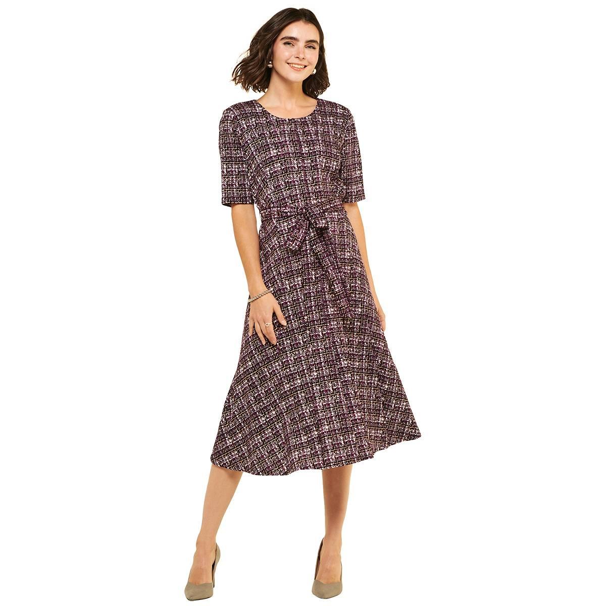Womens Perceptions Elbow Sleeve Foil Plaid A-Line Dress
