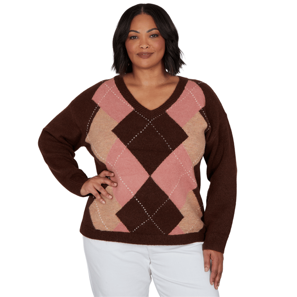 Plus Size Hearts of Palm Berry Fabulous V Neck Argyle Sweater