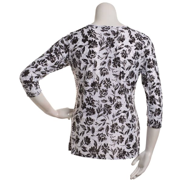 Petite Emily Daniels 3/4 Sleeve Stencil Floral Bar Neck Blouse
