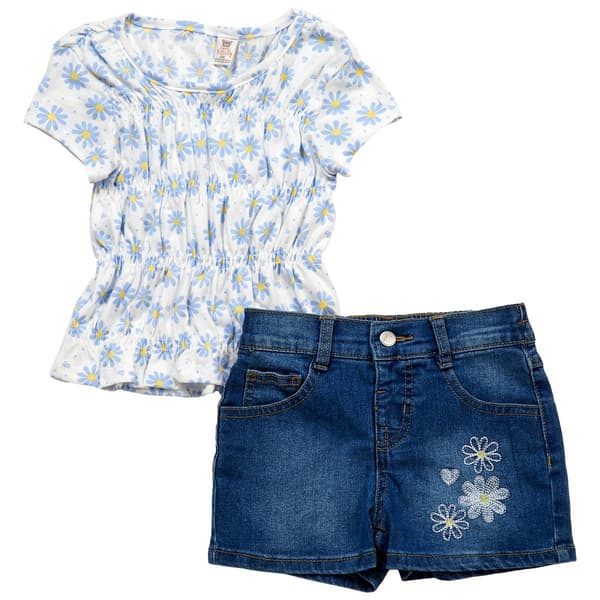 Girls (4-6x) Sweet Butterfly(R) Smocked Floral Top/Denim Short Set - image 