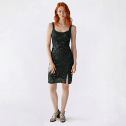 Juniors Crystal Doll Floral Bead Lace-Up Back Sheath Dress