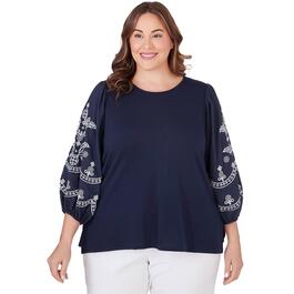Plus Size Ruby Rd. By The Sea 3/4 Sleeve Knit Embroidered Blouse