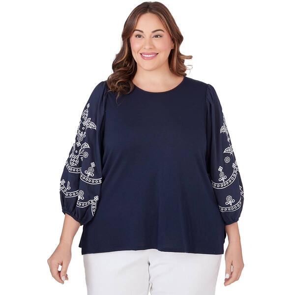 Plus Size Ruby Rd. By The Sea 3/4 Sleeve Knit Embroidered Blouse - image 