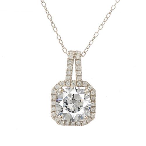 Sterling Silver Cubic Zirconia Cushion Pendant Necklace