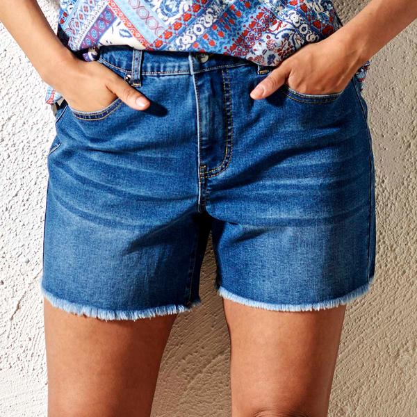 Womens Bleu Denim 1 Button Denim Shorts w/Clean Fray Hem
