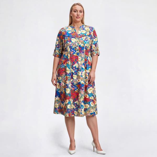 Plus Size Cocomo Floral Roll Tab Sleeve Gomez Shift Dress
