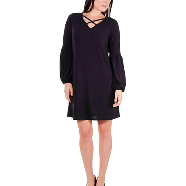 Petite NY Collection V Neck Lattice Long Sleeve Shift Dress - image 