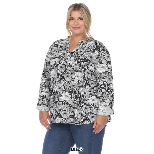Plus Size White Mark Pleated Long Sleeve Floral Blouse