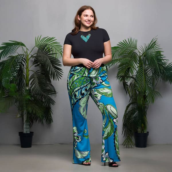 Plus Size 24/7 Comfort Apparel Teal Paisley Bell Bottom Pants